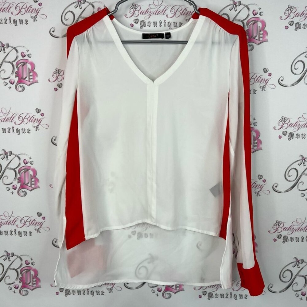 Dex long sleeve blouse buttons on sleeve Red and White V-Neck Blouse sheer flowy